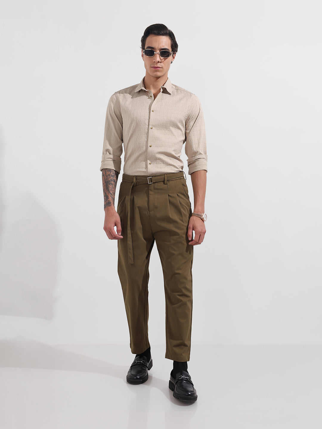 Men's Brown Relaxed Fit Textured Utility Trousers