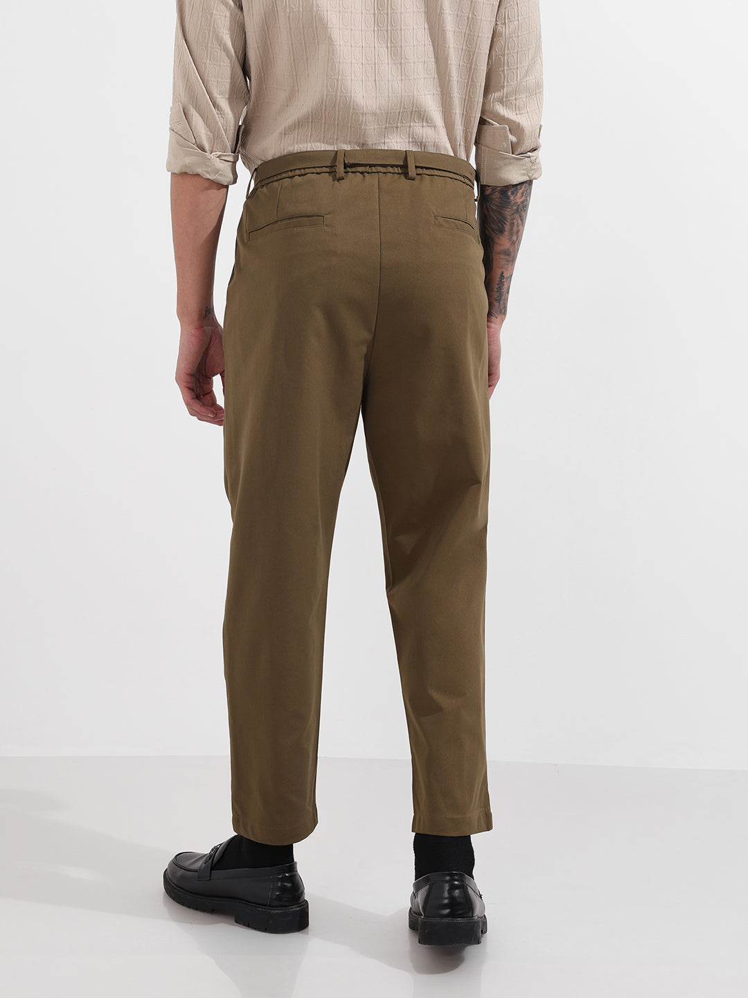 Men's Brown Relaxed Fit Textured Utility Trousers