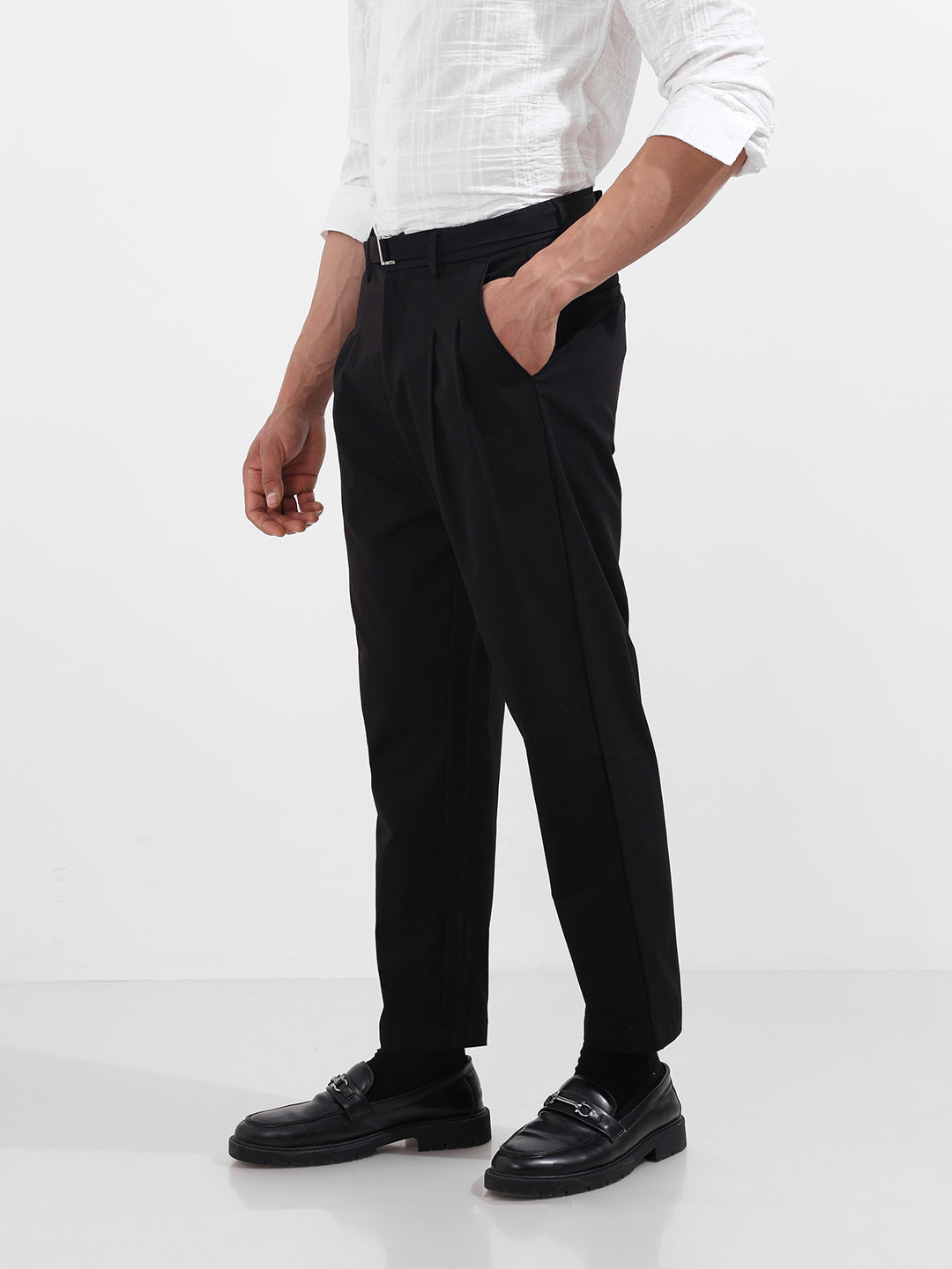 Men's Black Relaxed Fit Textured Utility Trousers