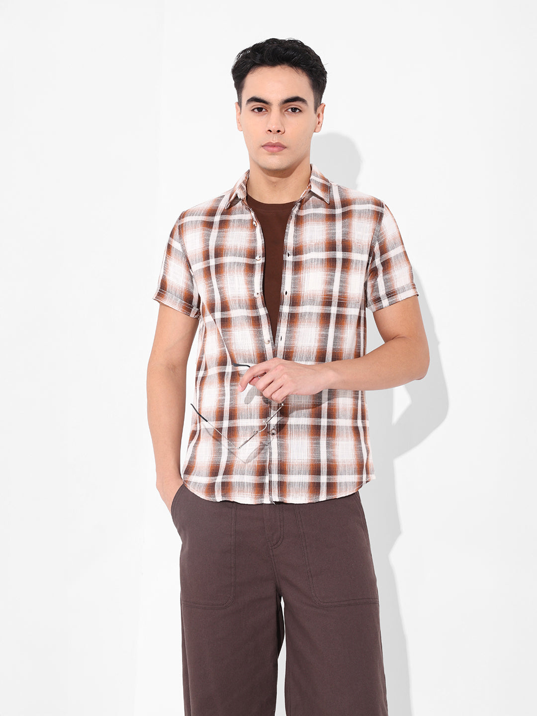 Men's Brown Slim Fit Checked Casual Shirt