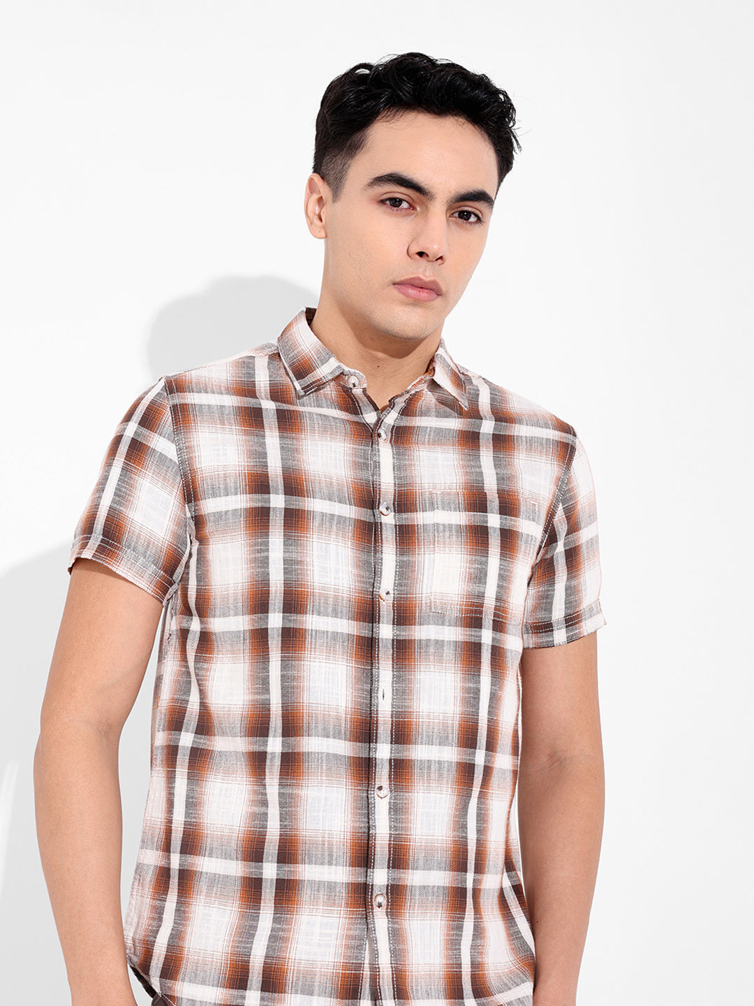 Men's Brown Slim Fit Checked Casual Shirt