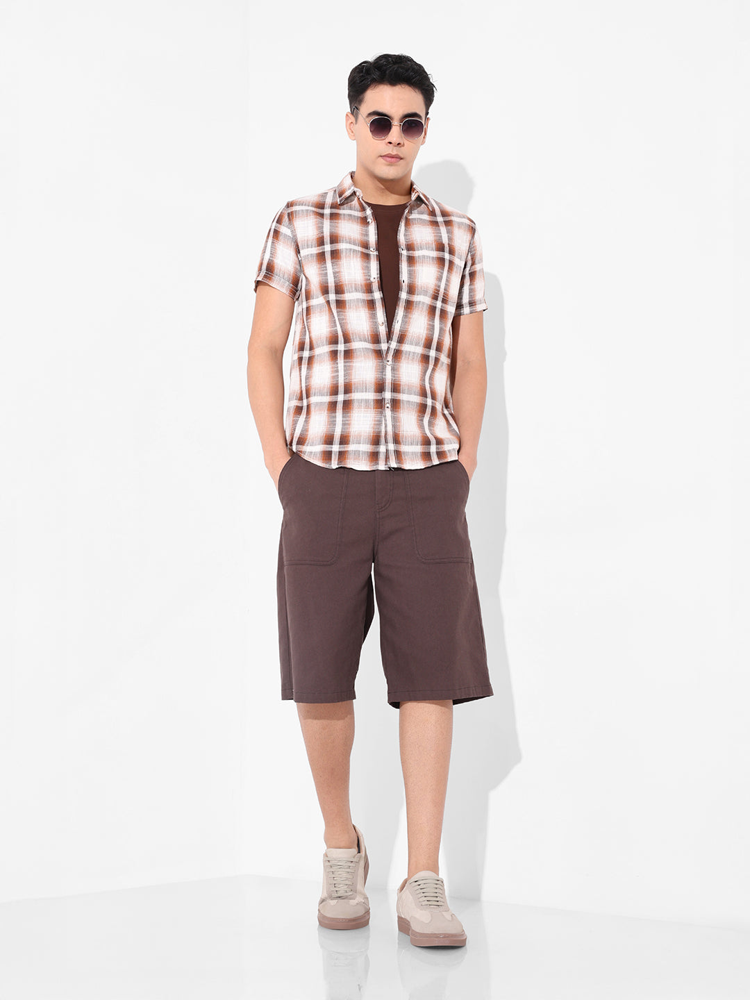 Men's Brown Slim Fit Checked Casual Shirt