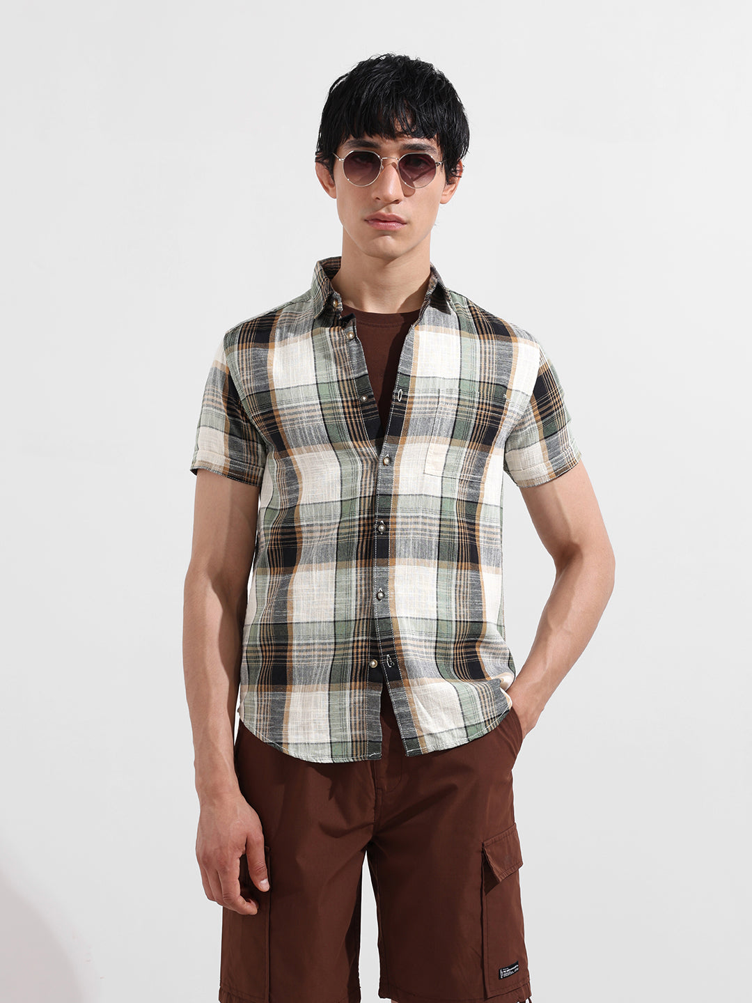 Men's Cream Slim Fit Checked Casual Shirt