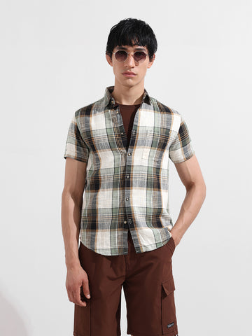 Men's Cream Slim Fit Checked Casual Shirt