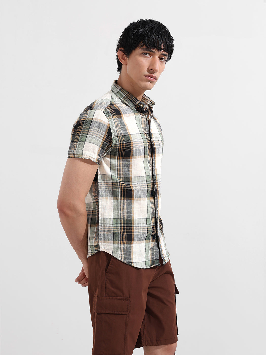 Men's Cream Slim Fit Checked Casual Shirt