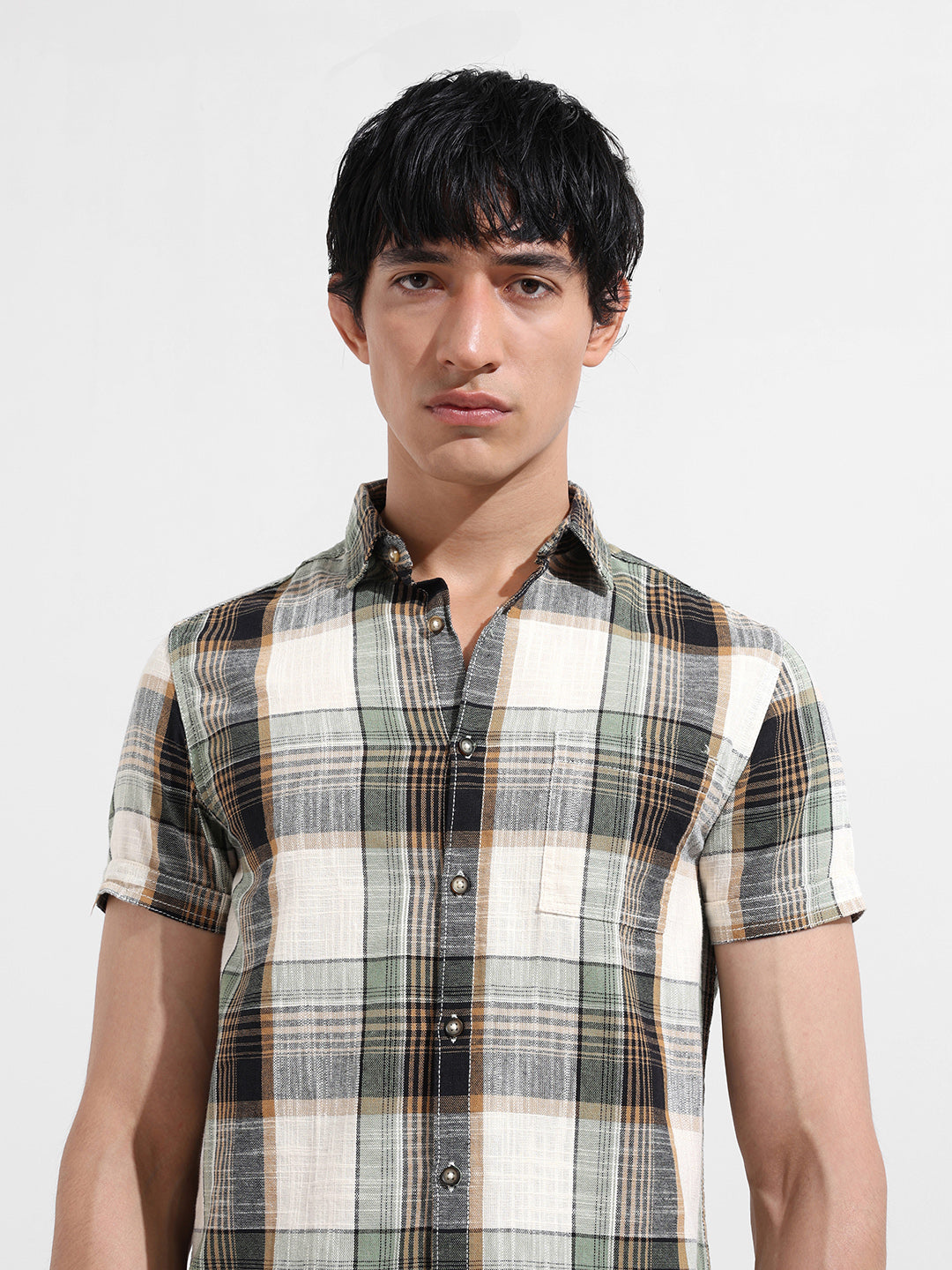 Men's Cream Slim Fit Checked Casual Shirt