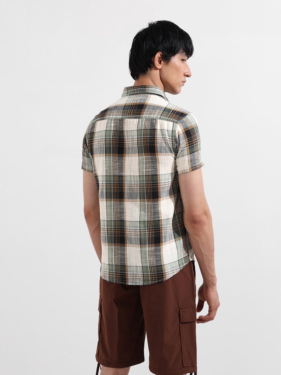 Men's Cream Slim Fit Checked Casual Shirt