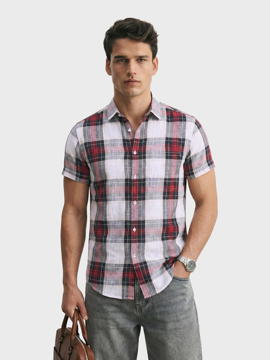 Men's White Slim Fit Checked Casual Shirt