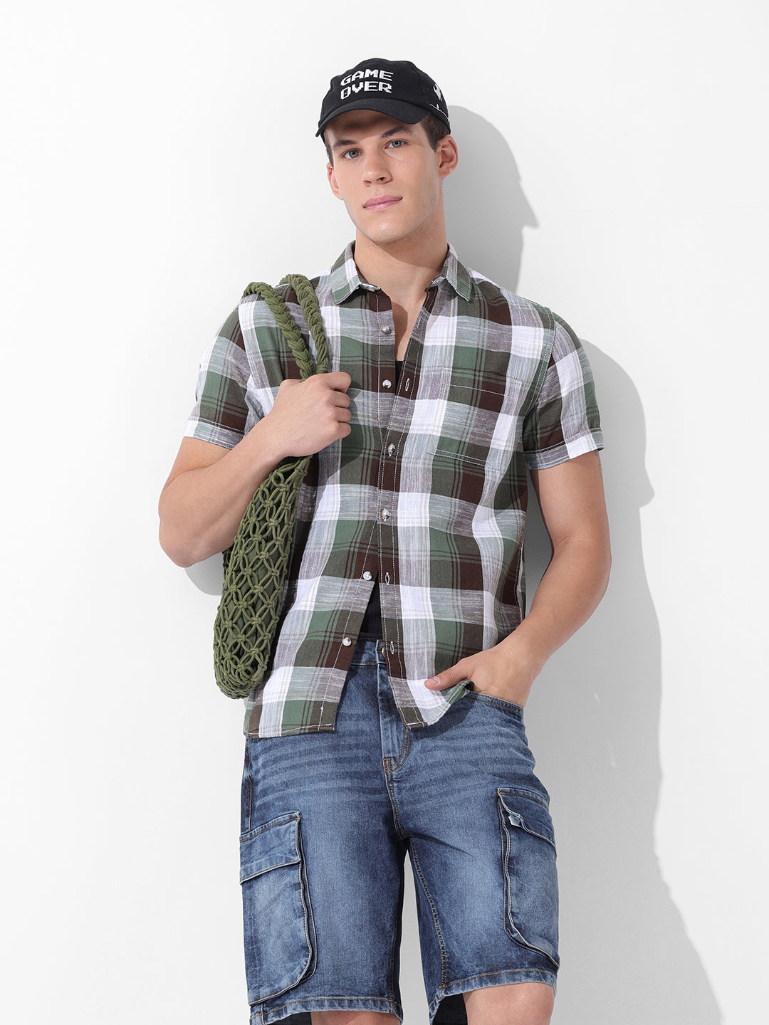 Men's Green Slim Fit Checked Casual Shirt