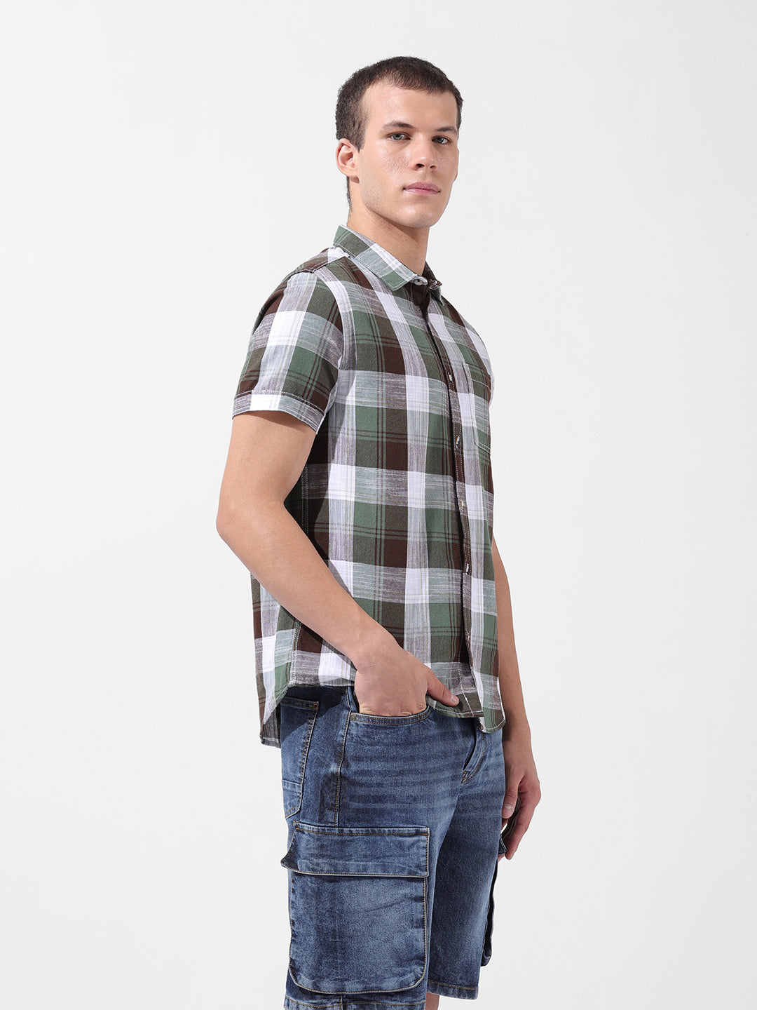 Men's Green Slim Fit Checked Casual Shirt