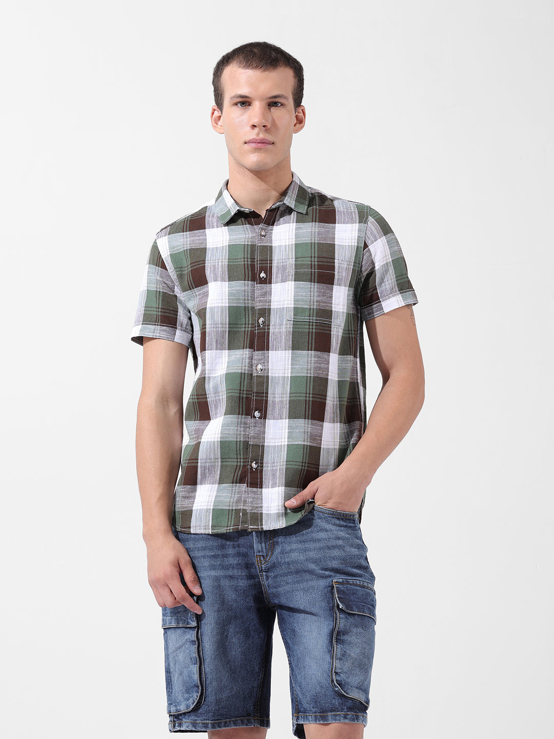 Men's Green Slim Fit Checked Casual Shirt