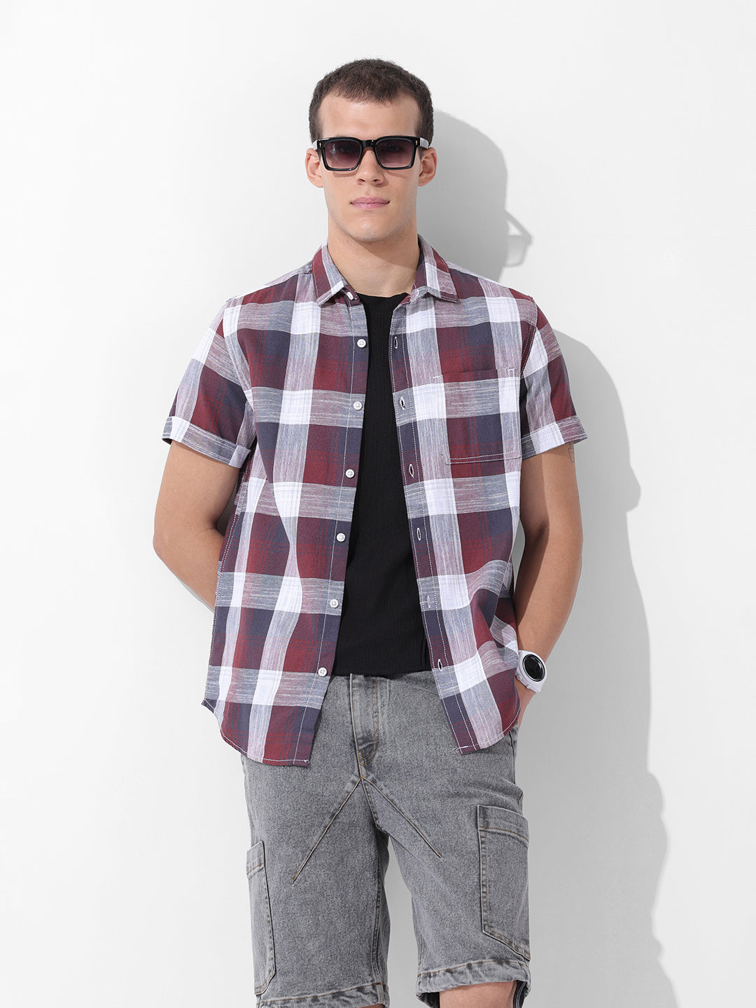 Men's Maroon Slim Fit Checked Casual Shirt