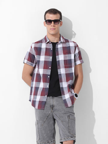 Men's Maroon Slim Fit Checked Casual Shirt