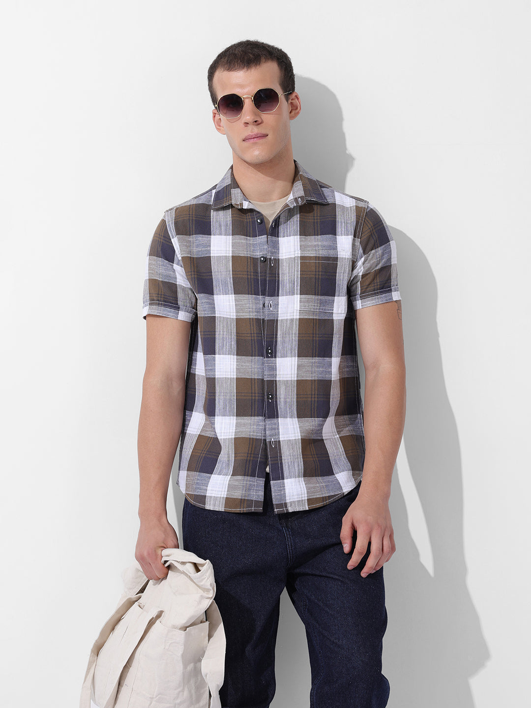 Men's Khaki Slim Fit Checked Casual Shirt