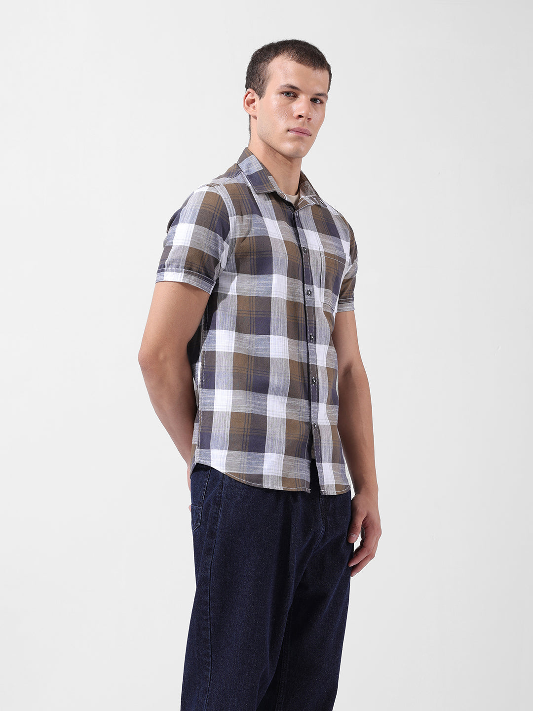 Men's Khaki Slim Fit Checked Casual Shirt