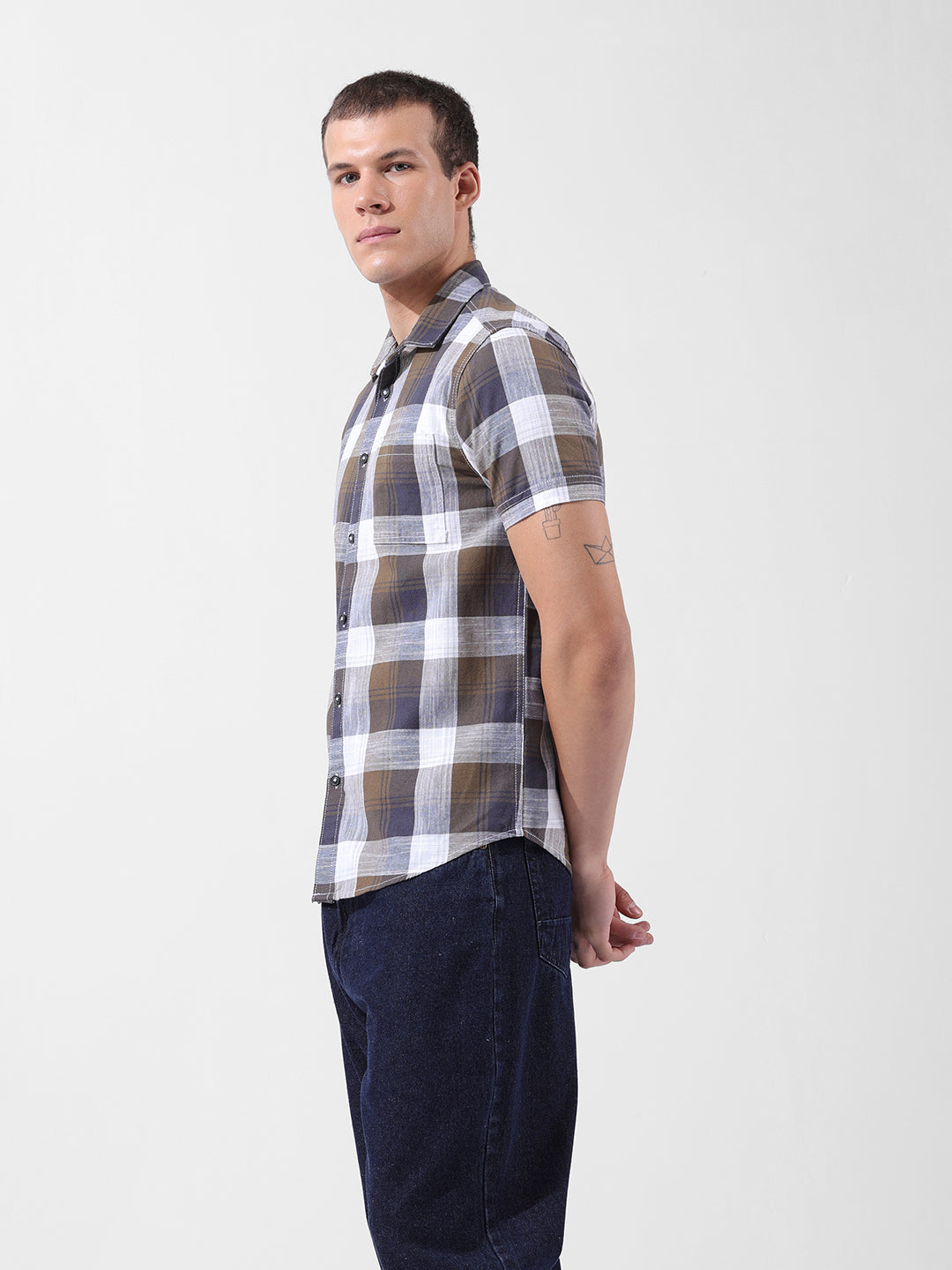 Men's Khaki Slim Fit Checked Casual Shirt