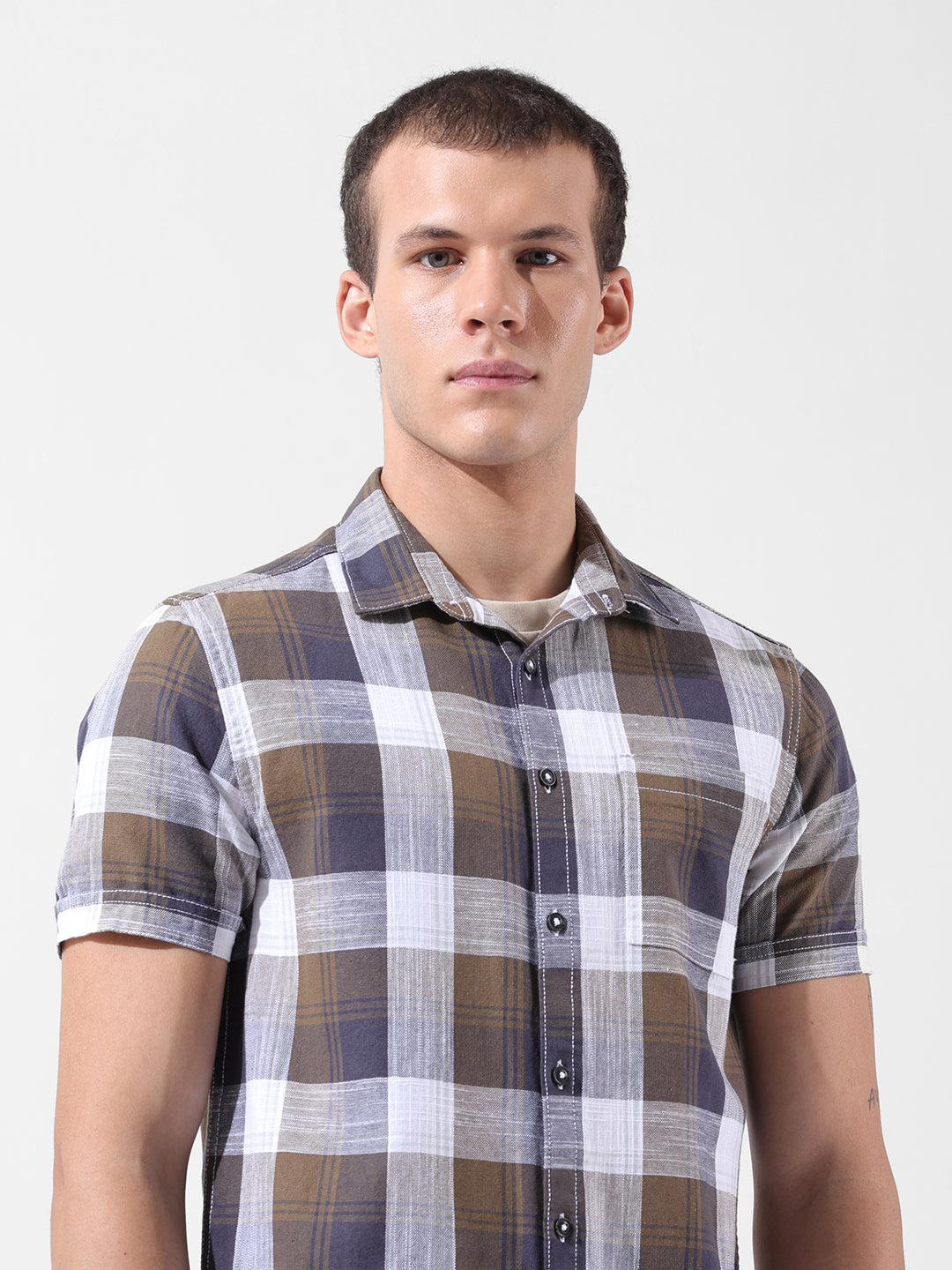 Men's Khaki Slim Fit Checked Casual Shirt