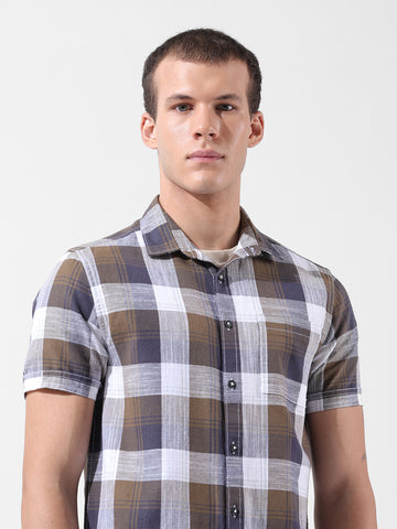 Men's Khaki Slim Fit Checked Casual Shirt