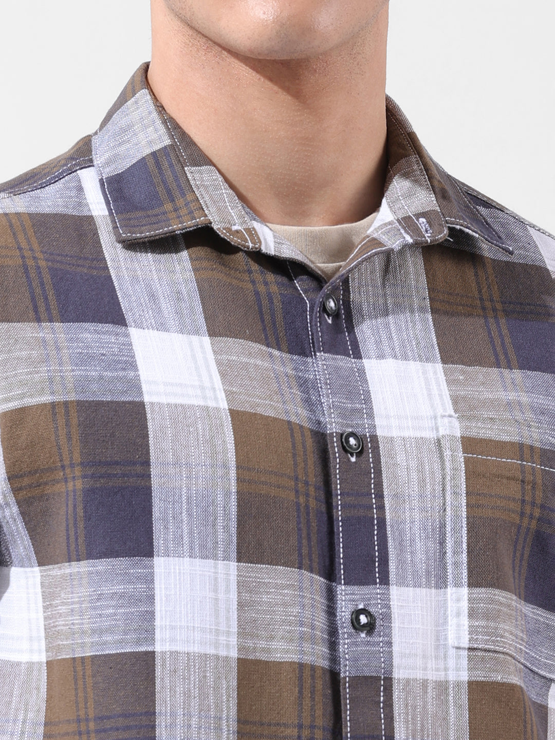 Men's Khaki Slim Fit Checked Casual Shirt