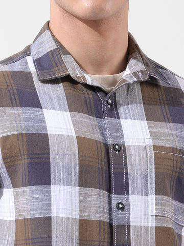 Men's Khaki Slim Fit Checked Casual Shirt