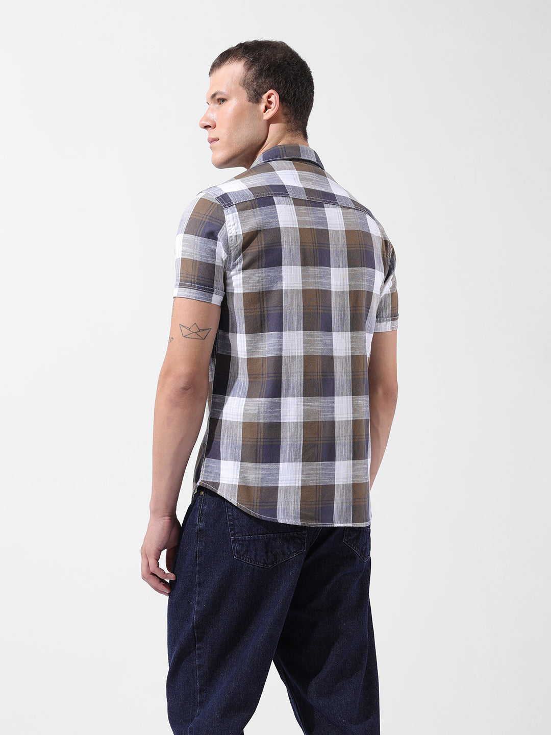 Men's Khaki Slim Fit Checked Casual Shirt
