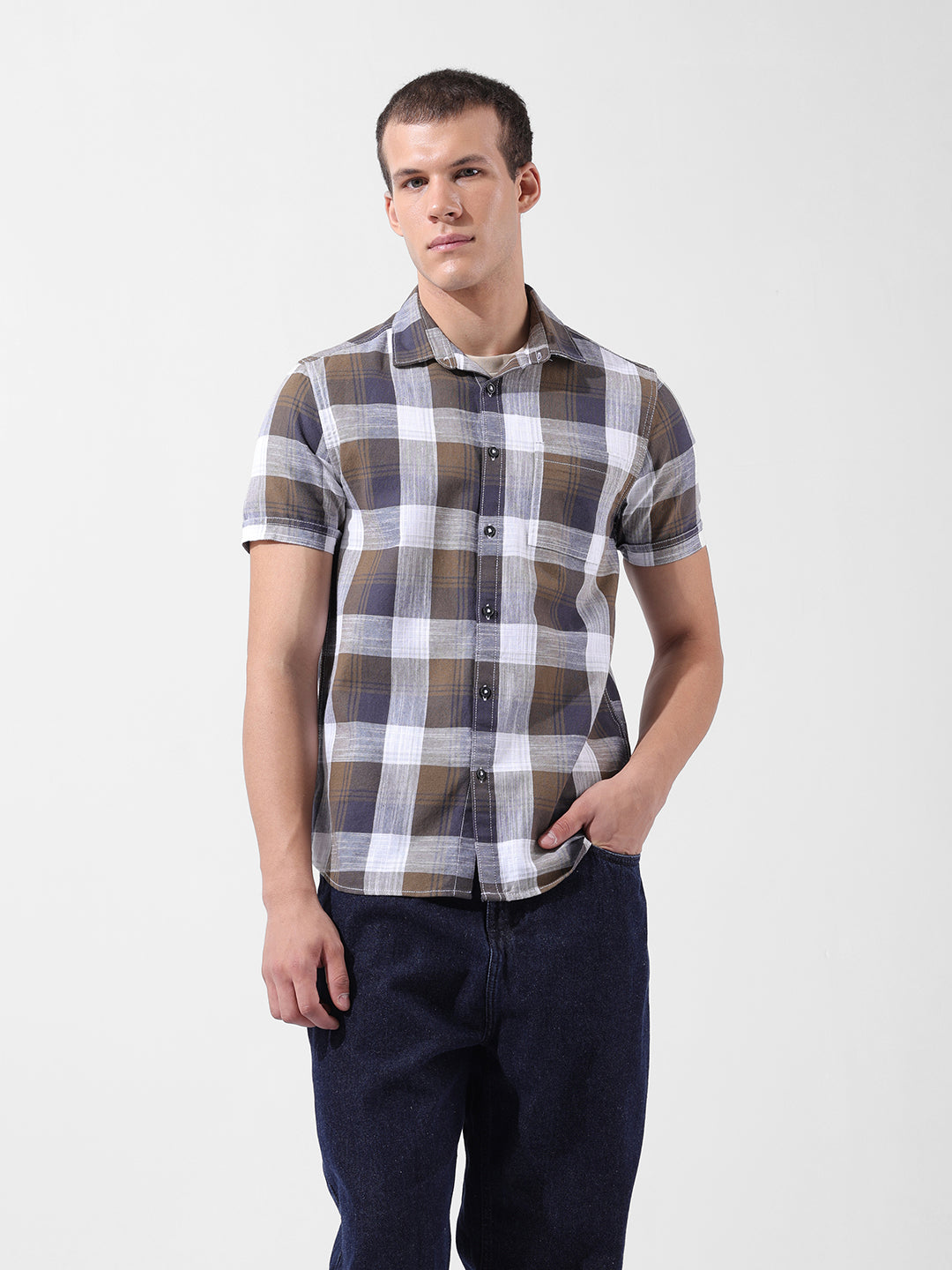 Men's Khaki Slim Fit Checked Casual Shirt