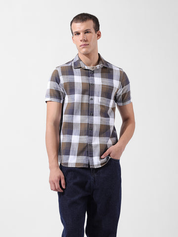 Men's Khaki Slim Fit Checked Casual Shirt
