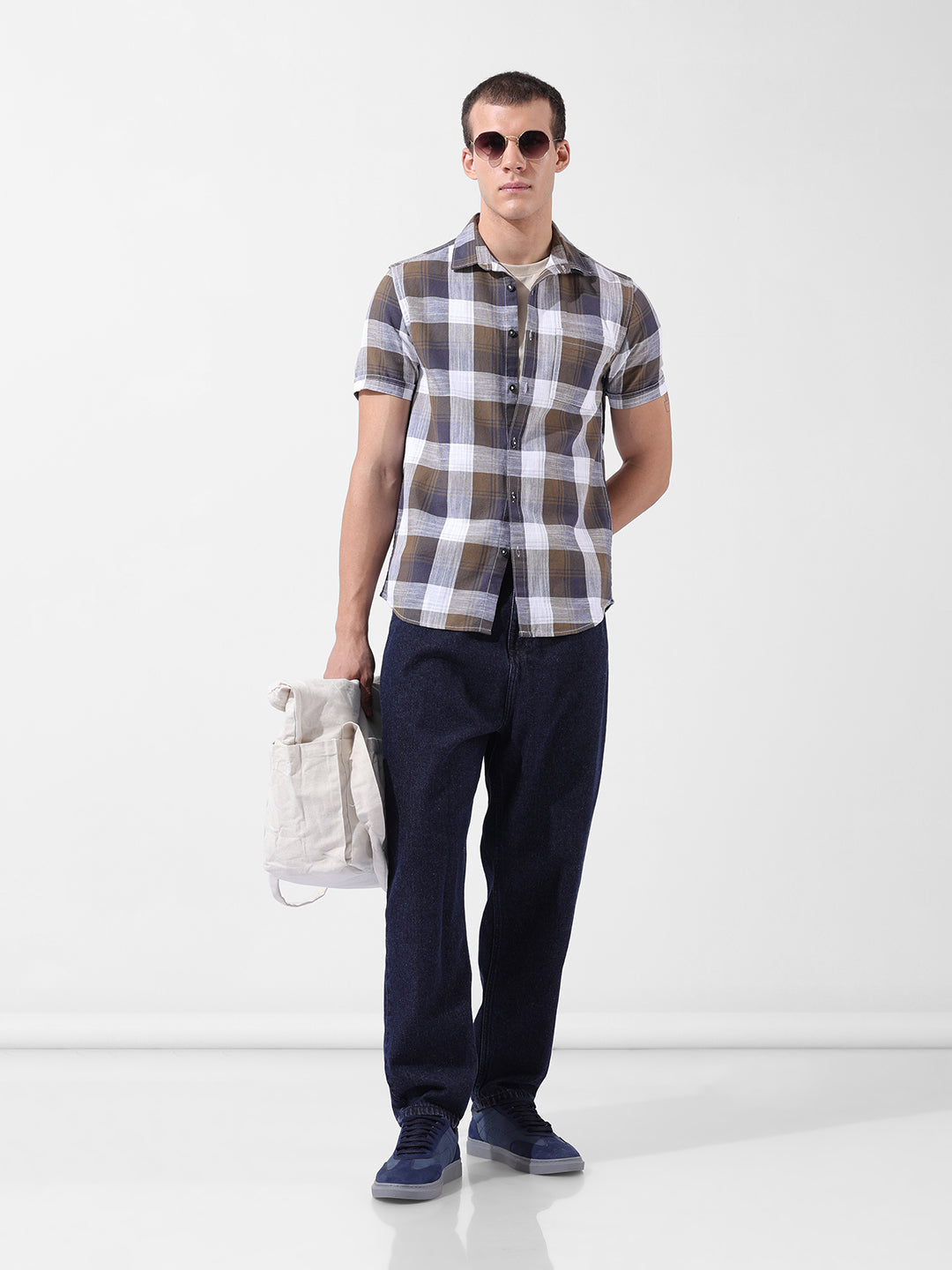 Men's Khaki Slim Fit Checked Casual Shirt