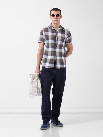 Men's Khaki Slim Fit Checked Casual Shirt