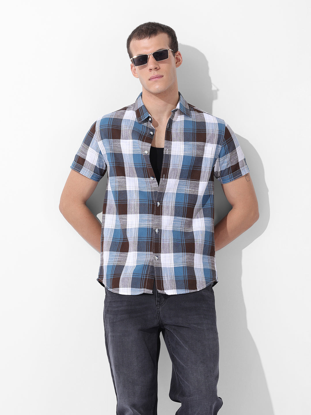 Men's Blue Slim Fit Checked Casual Shirt