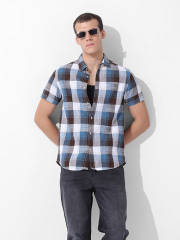 Men's Blue Slim Fit Checked Casual Shirt