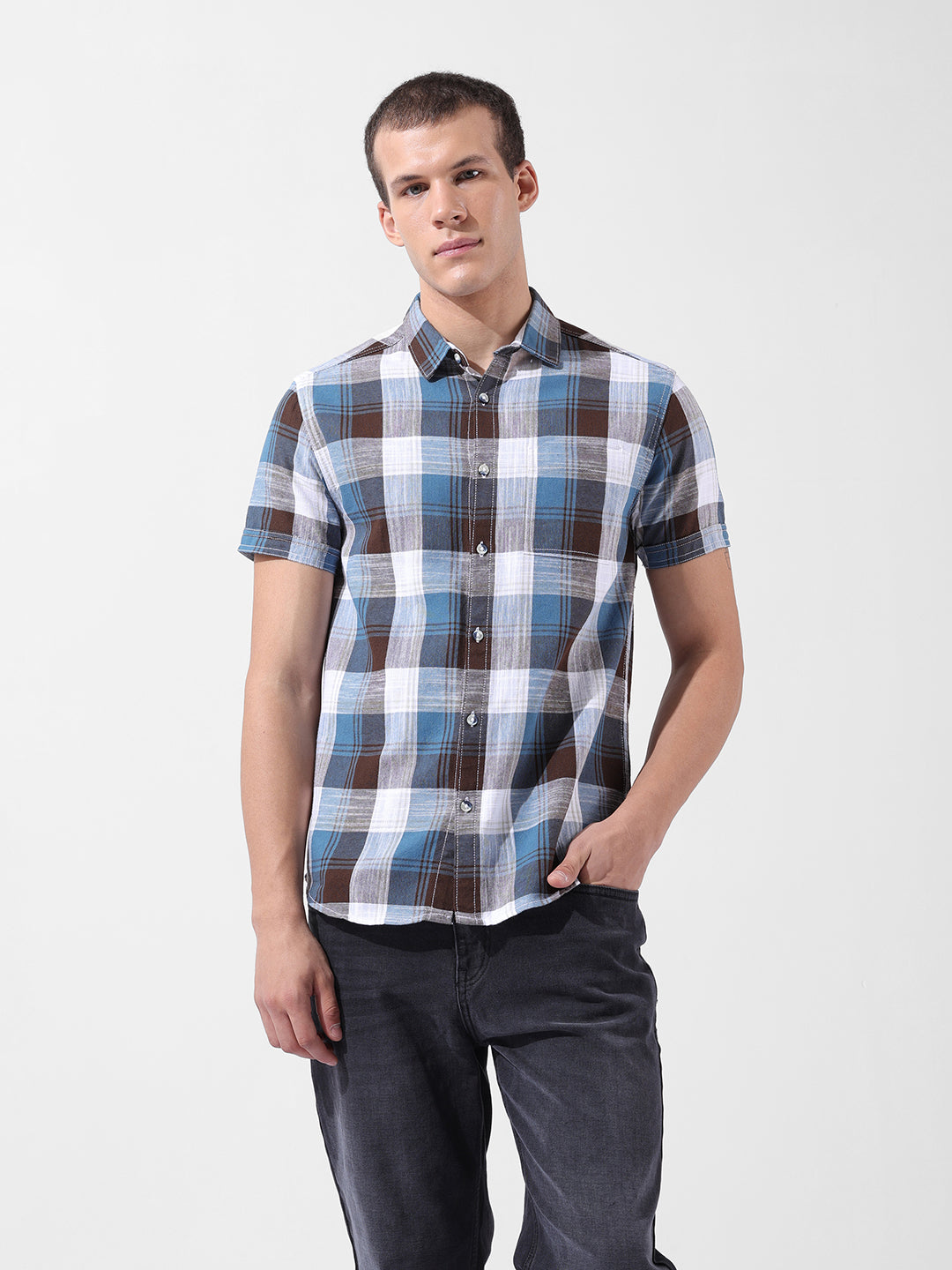 Men's Blue Slim Fit Checked Casual Shirt