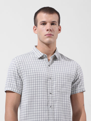 Men's Grey Slim Fit Checked Casual Shirt