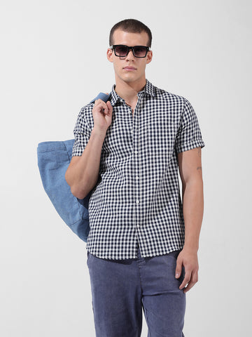 Men's Navy Blue Slim Fit Checked Casual Shirt