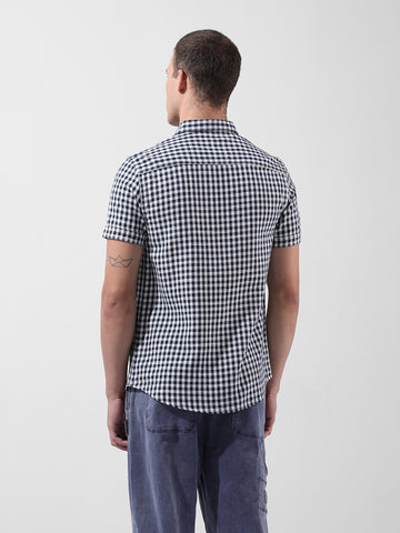 Men's Navy Blue Slim Fit Checked Casual Shirt