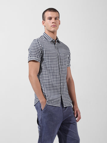 Men's Navy Blue Slim Fit Checked Casual Shirt