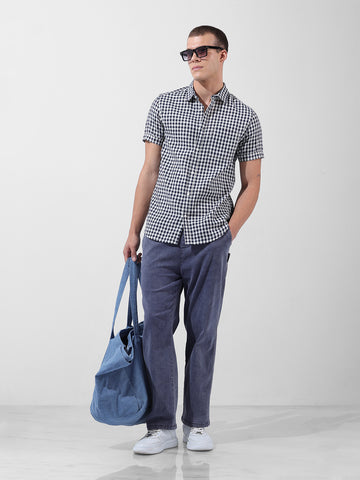 Men's Navy Blue Slim Fit Checked Casual Shirt