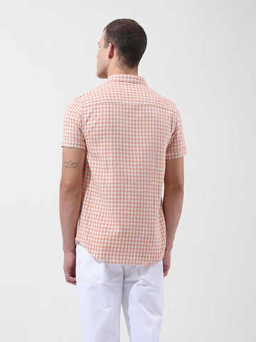 Men's Orange Slim Fit Checked Casual Shirt