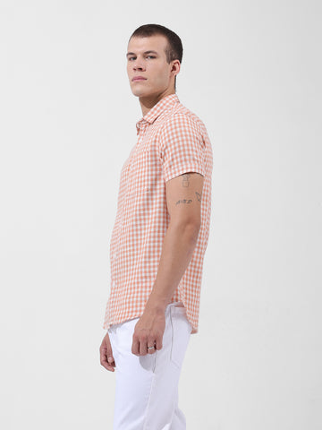 Men's Orange Slim Fit Checked Casual Shirt