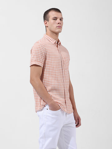 Men's Orange Slim Fit Checked Casual Shirt