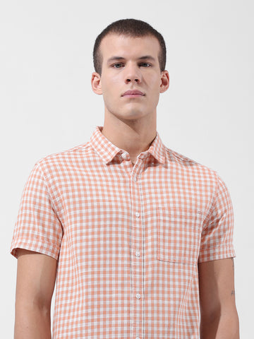 Men's Orange Slim Fit Checked Casual Shirt
