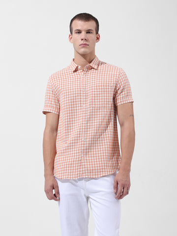 Men's Orange Slim Fit Checked Casual Shirt