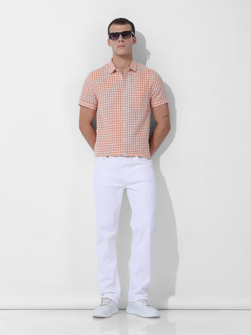 Men's Orange Slim Fit Checked Casual Shirt