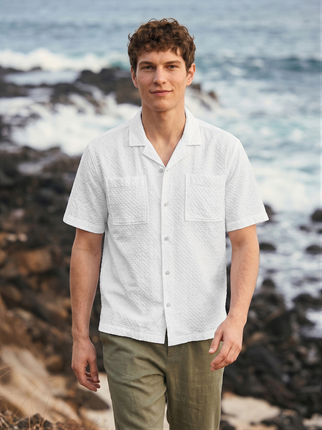 Men's White Relaxed Fit Geometric Resort Shirt