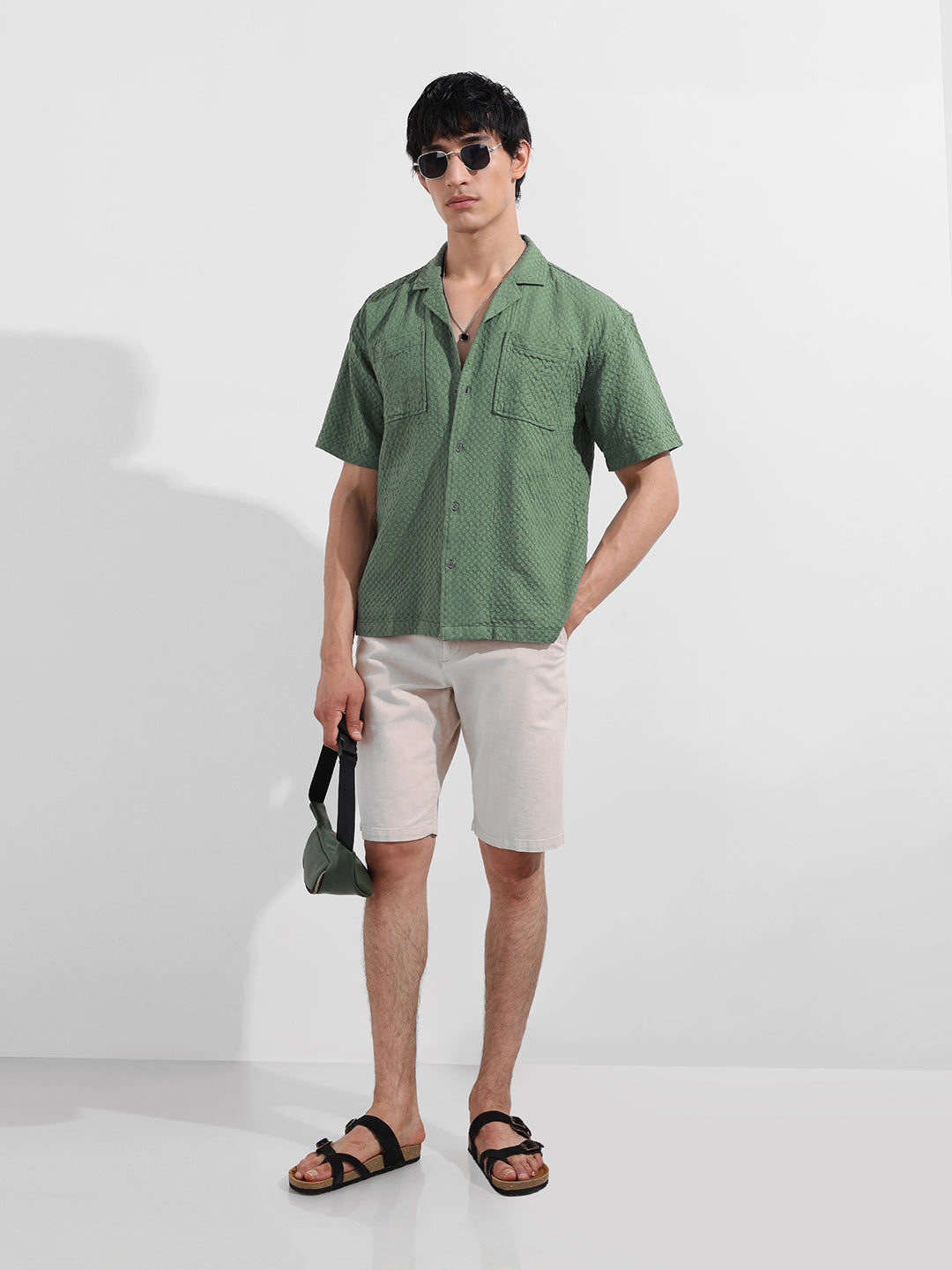 Men's Green Relaxed Fit Geometric Print Resort Wear Shirt