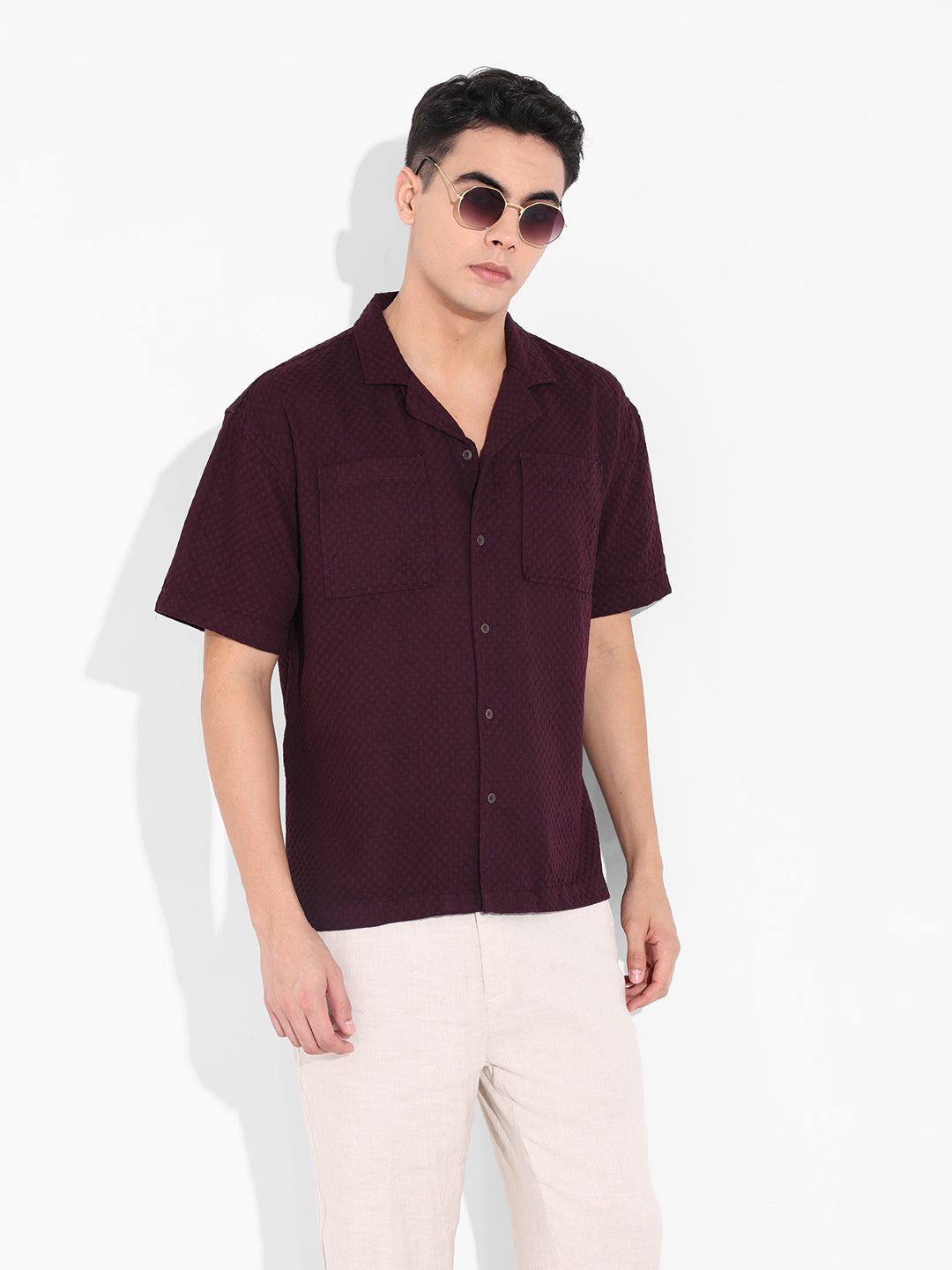 Men's Maroon Relaxed Fit Geometric Print Resort Wear Shirt