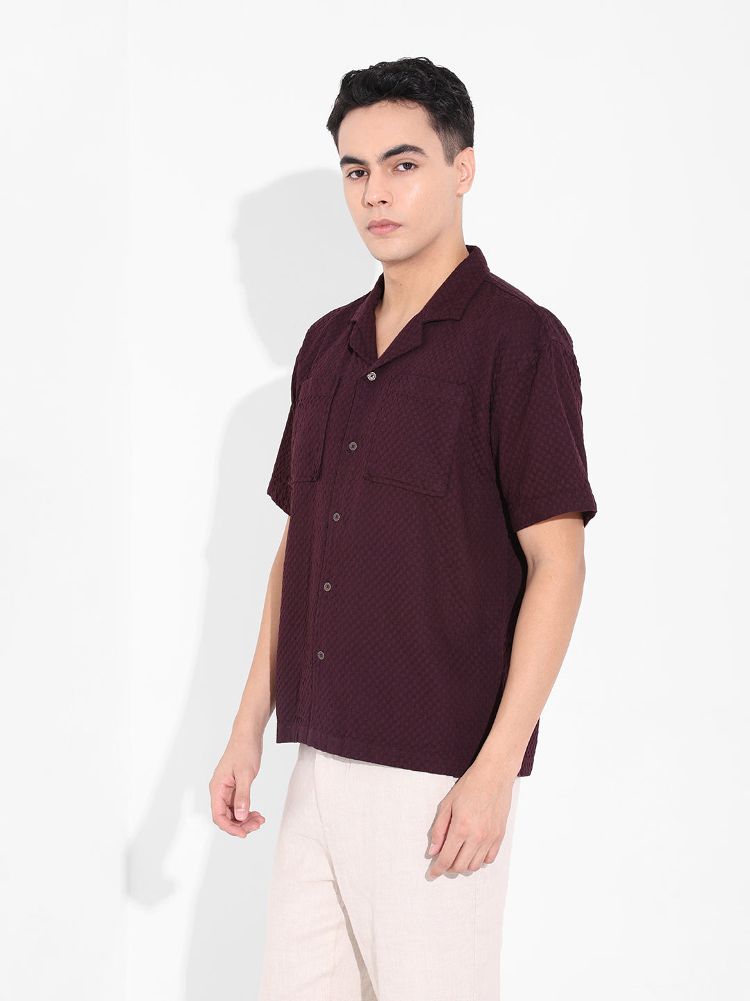 Men's Maroon Relaxed Fit Geometric Print Resort Wear Shirt