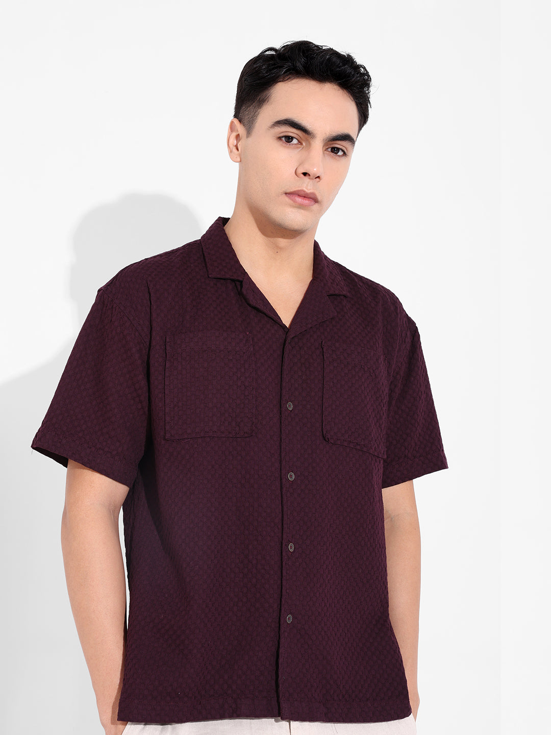 Men's Maroon Relaxed Fit Geometric Print Resort Wear Shirt