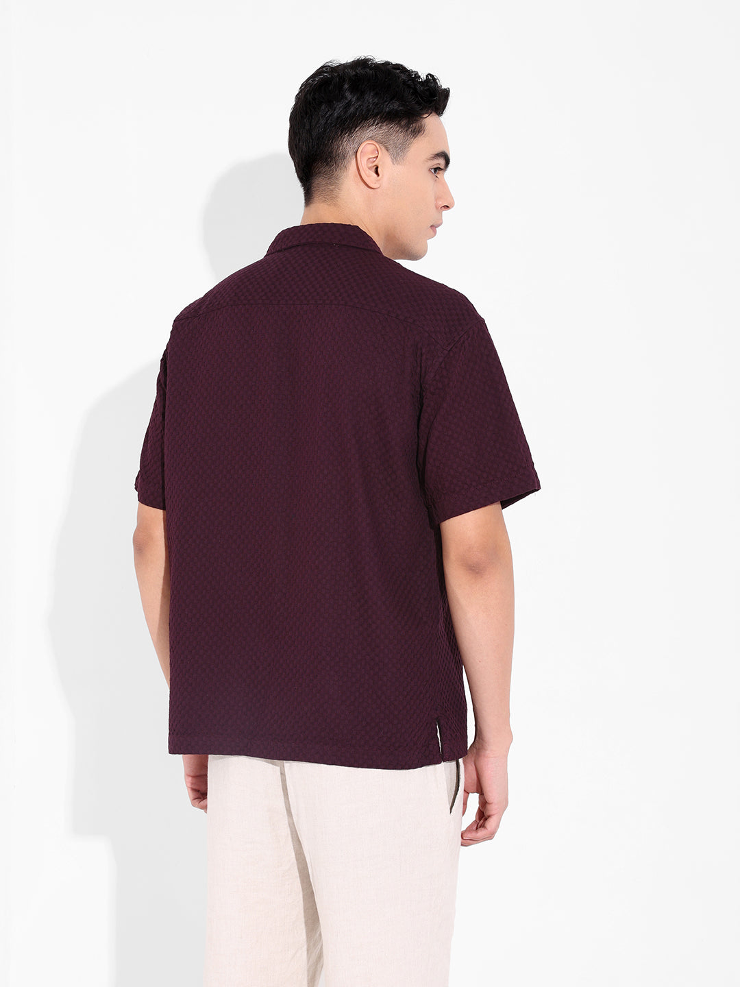 Men's Maroon Relaxed Fit Geometric Print Resort Wear Shirt