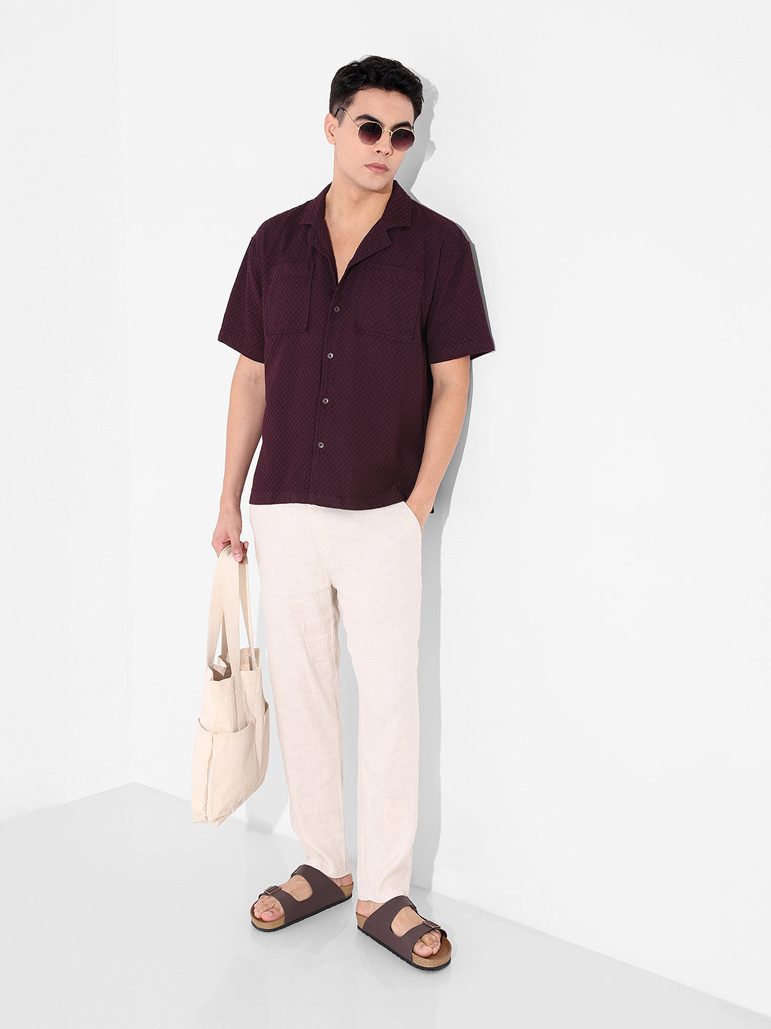 Men's Maroon Relaxed Fit Geometric Print Resort Wear Shirt